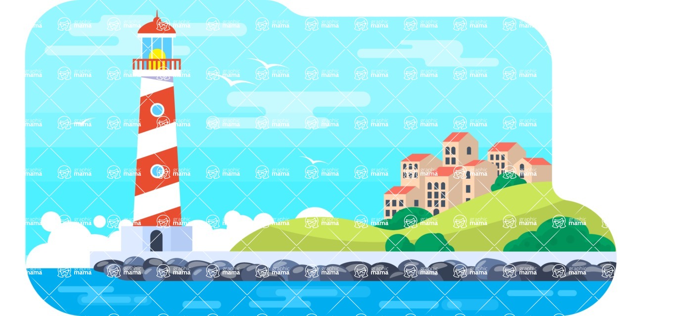 Vector Landscape Mega Bundle - Flat Lighthouse and Sea Vector Background Illustration